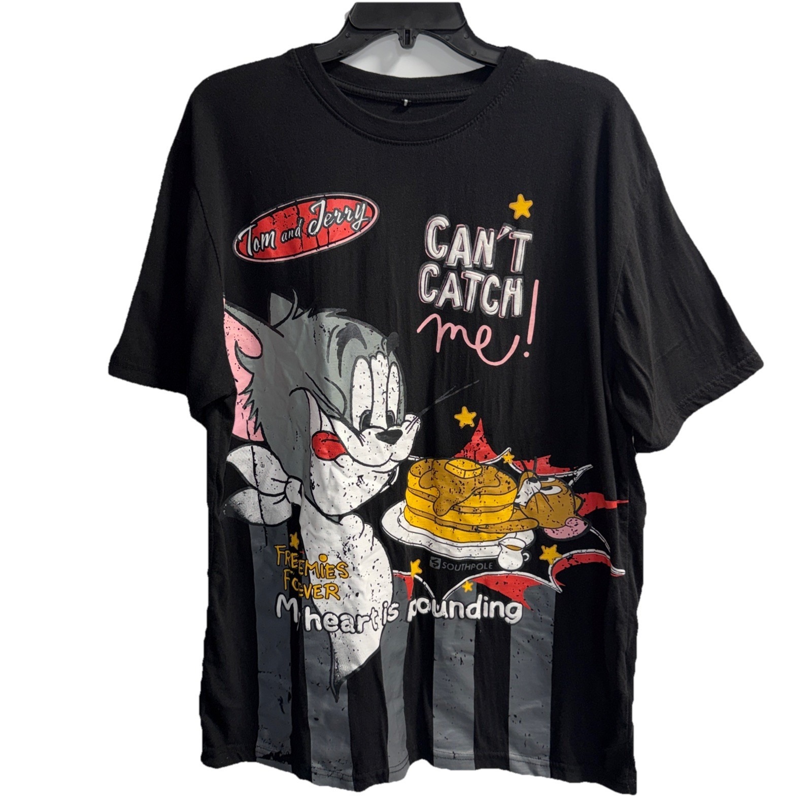 Vintage Tom & Jerry Crew Neck Short Sleeve Cartoon Graphic T-Shirt Black Size Xl